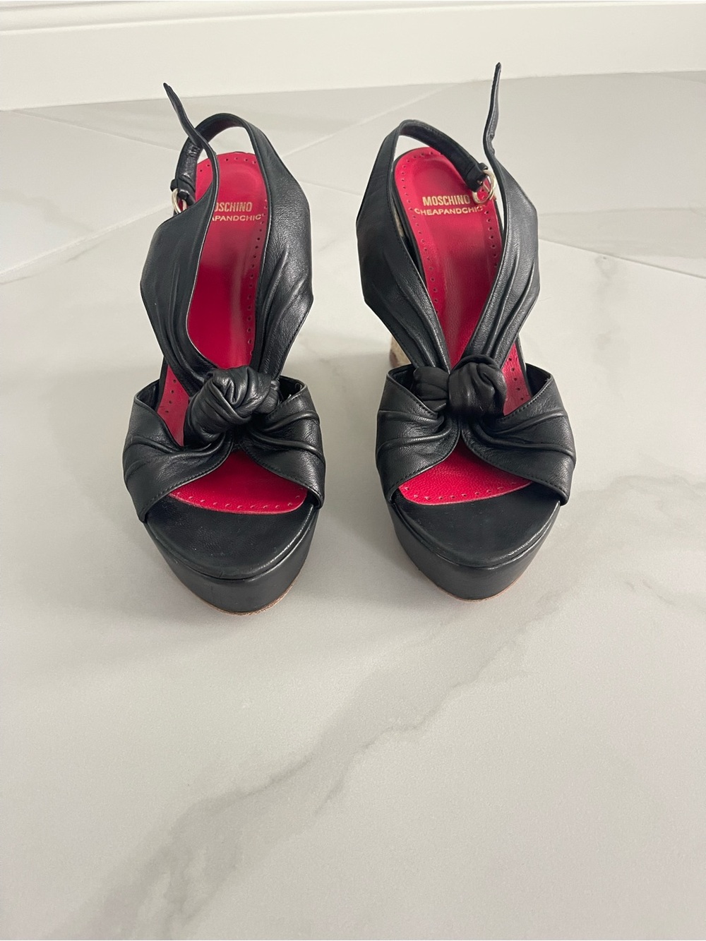 Moschino Black Leather Knotted Platform Slingbacks with Red Insole